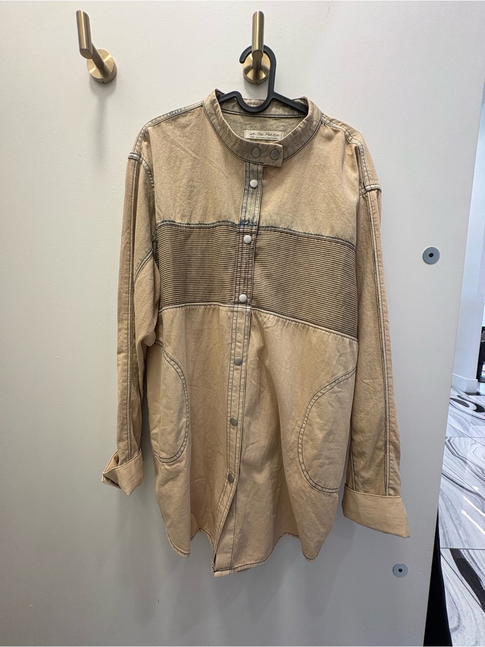 Free People Tan Button-Front Shirt Jacket with Ribbed Panel